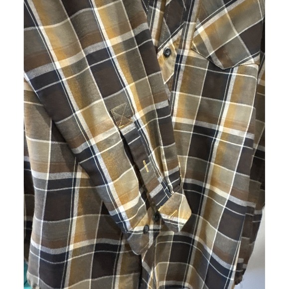 ExOfficio Button Up Men's Medium Brown Yellow Fall Plaid Dress Shirt - Picture 6 of 7